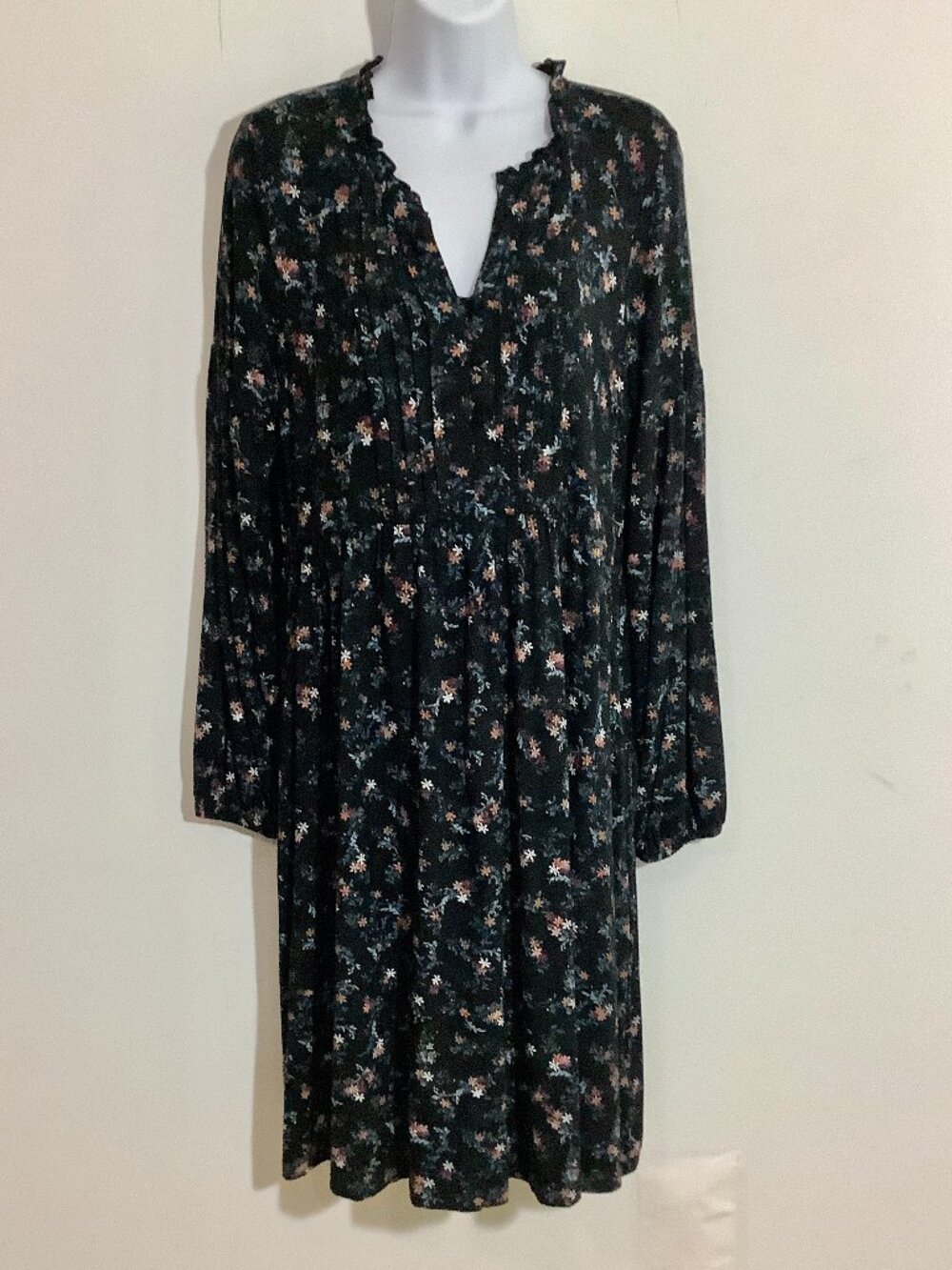 Dress Floral Print Black Fat Face Size USA 6L Slip On 3/4 Sleeve Peasant Stretch